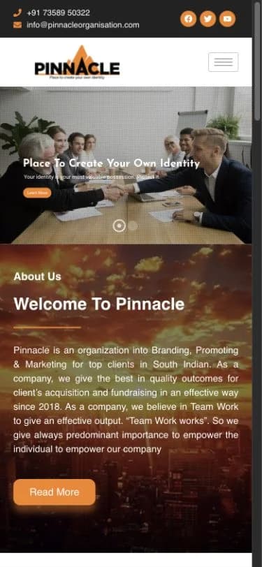 Pinnacle Organization website shown at mobile viewport