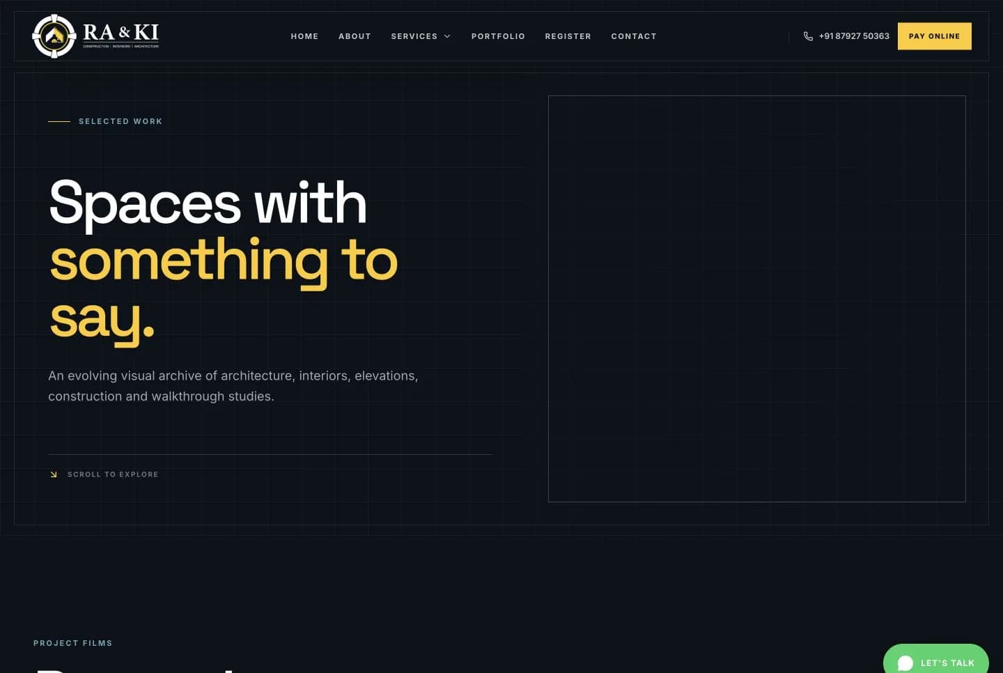 RA and KI portfolio page shown in a desktop browser