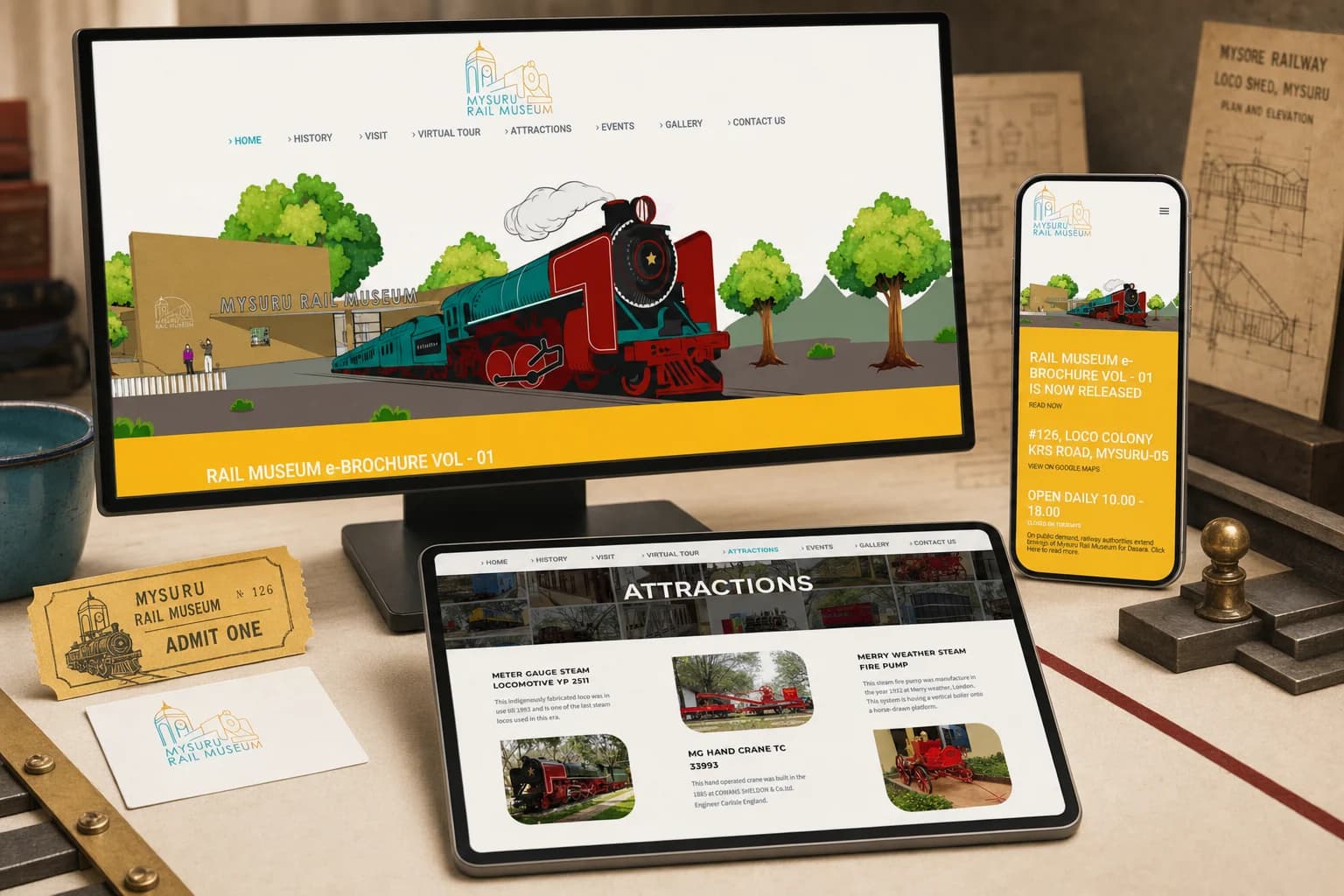 Mysuru Rail Museum website shown across desktop, tablet and mobile devices in a railway heritage studio