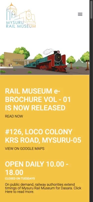 Railway Museum website shown at mobile viewport