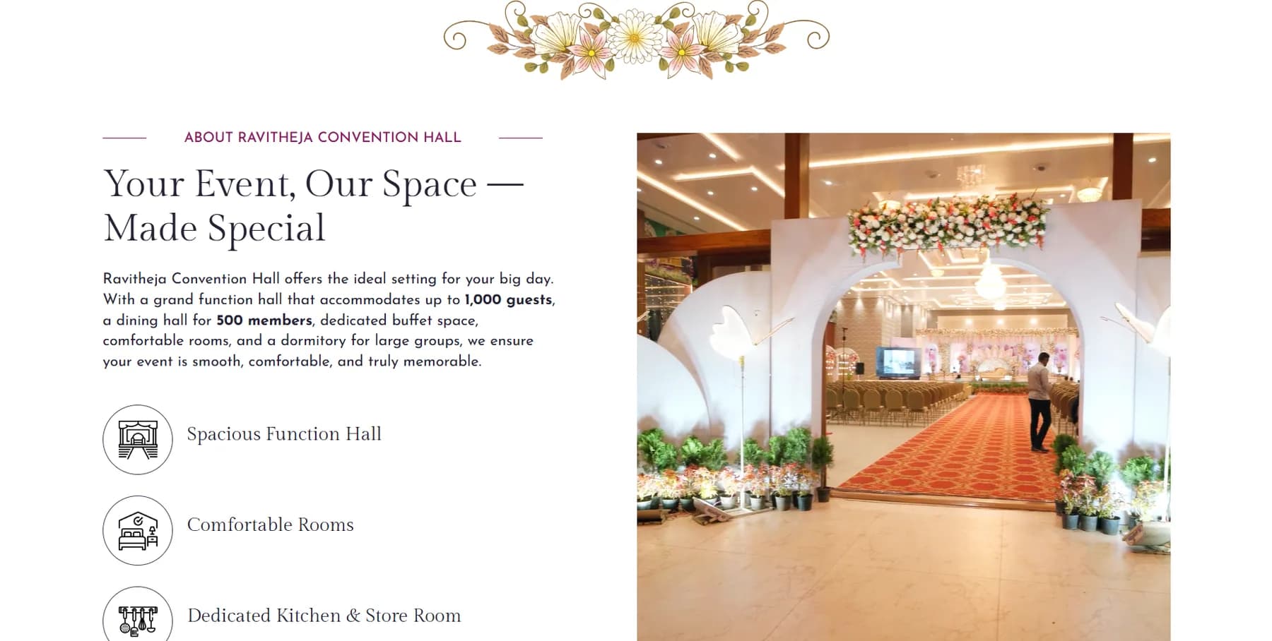 Ravi Theja Convention Hall responsive website design screen 2