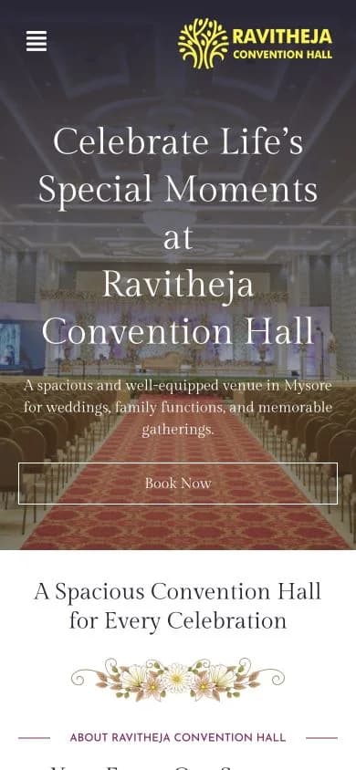 Ravi Theja Convention Hall website shown at mobile viewport