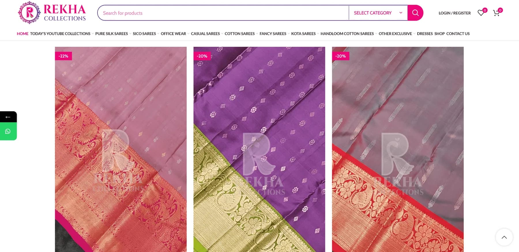 Rekha Collections website homepage design shown in a desktop browser