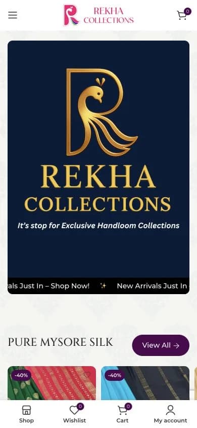 Rekha Collections website shown at mobile viewport