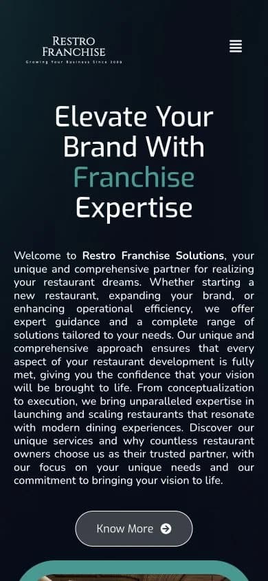 Restro Franchise website shown at mobile viewport