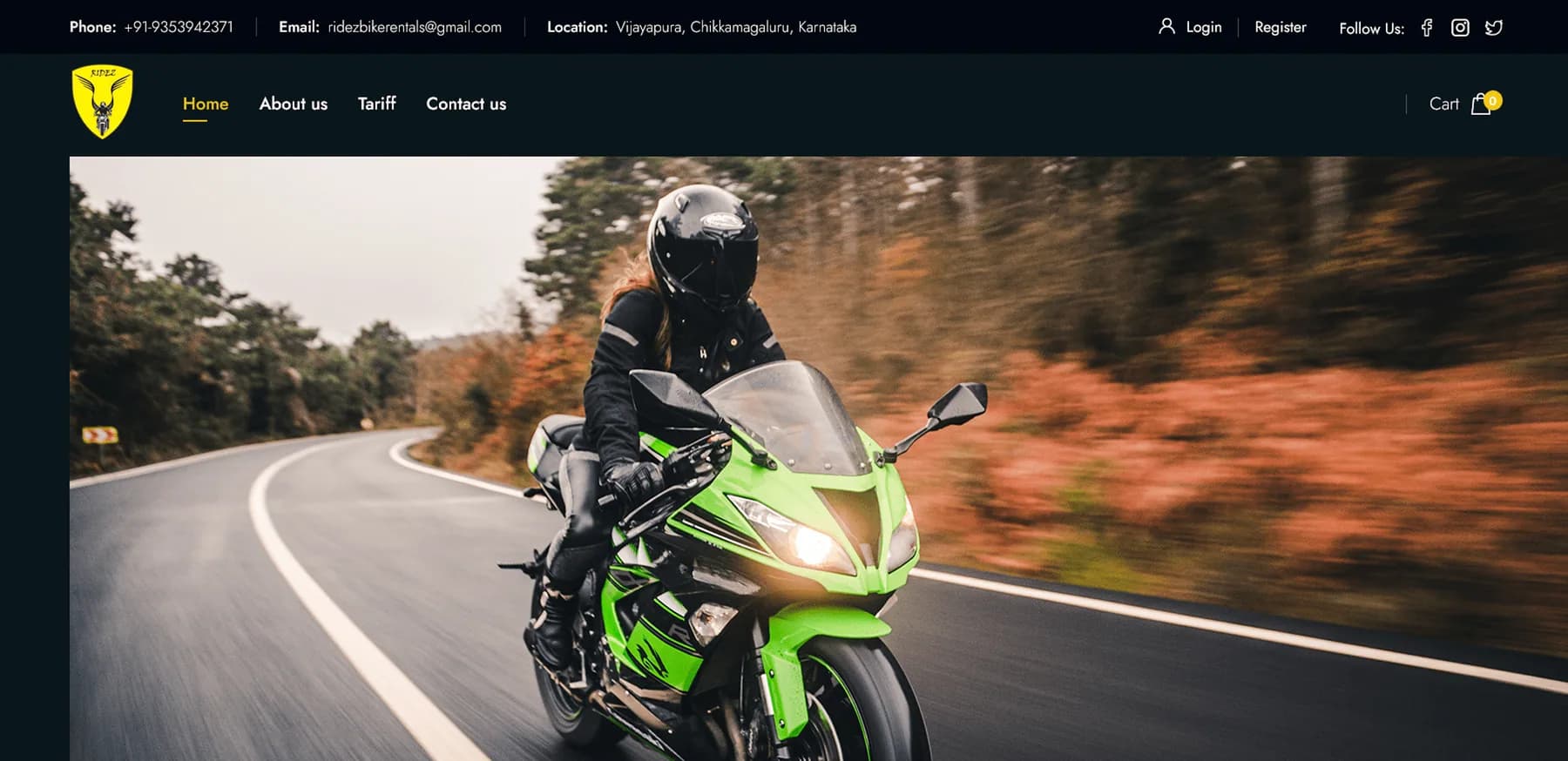 Ridez Bike Rental website homepage design shown in a desktop browser