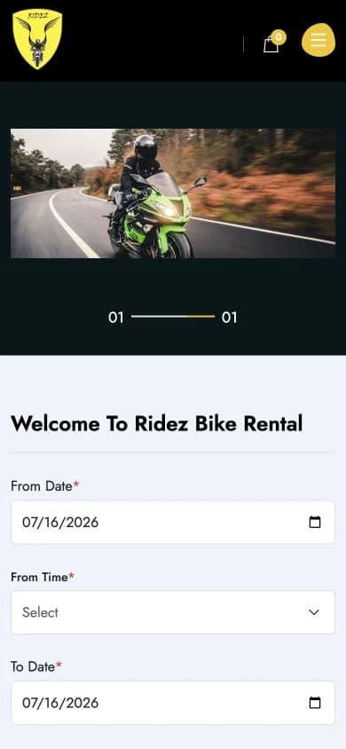 Ridez Bike Rental website shown at mobile viewport
