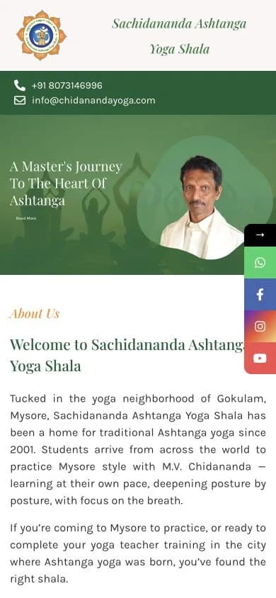 Sachidananda Ashtanga Yoga Shala website shown at mobile viewport