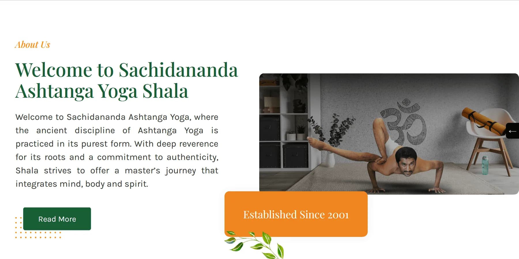 Sachidananda Ashtanga Yoga Shala website homepage design shown in a desktop browser