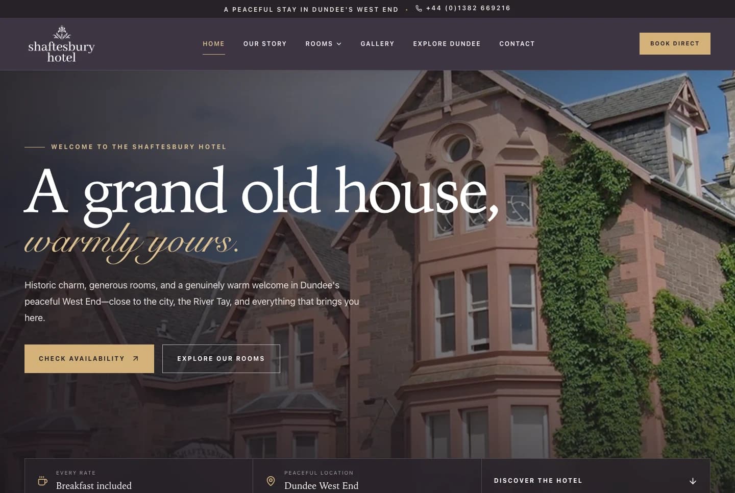 The Shaftesbury Hotel website homepage design shown in a desktop browser