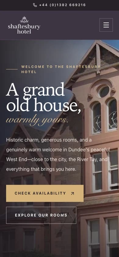 The Shaftesbury Hotel homepage at a 390 pixel mobile viewport