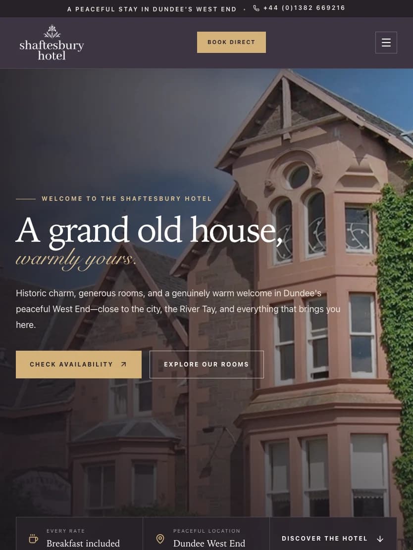 The Shaftesbury Hotel homepage shown at a tablet viewport