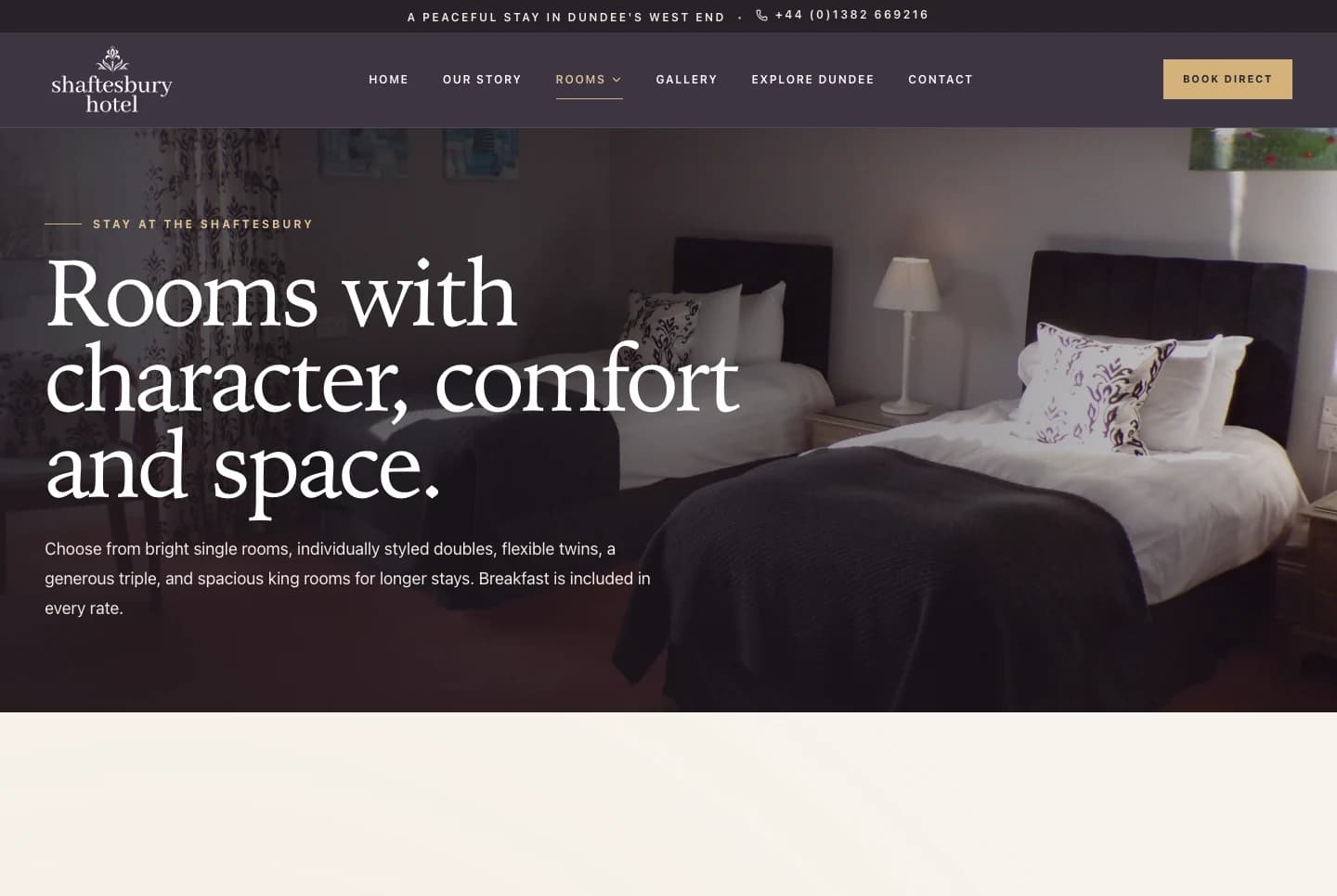The Shaftesbury Hotel Dundee rooms page shown in a desktop browser