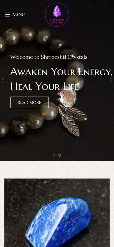 Shrreeshti Crystals website shown at mobile viewport