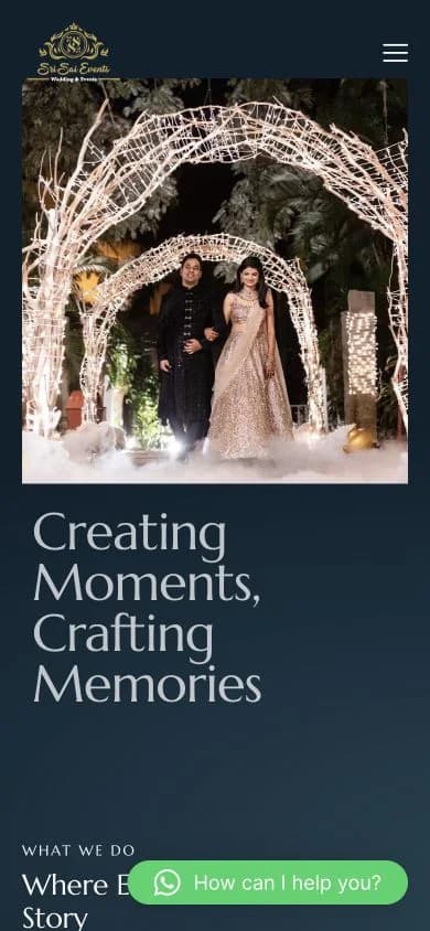 Sri Sai Wedding Events website shown at mobile viewport