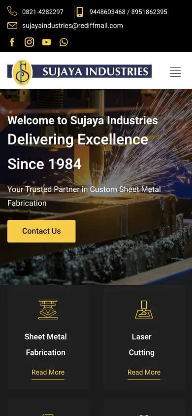Sujaya Industries website shown at mobile viewport