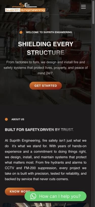 Suprith Engineering website shown at mobile viewport