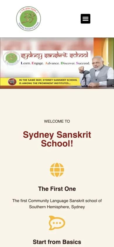 Sydney Sanskrit School website shown at mobile viewport