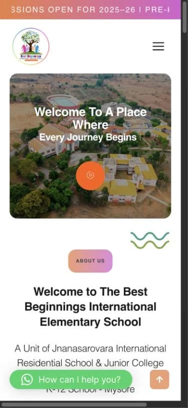 The Best Beginnings International Elementary School website shown at mobile viewport