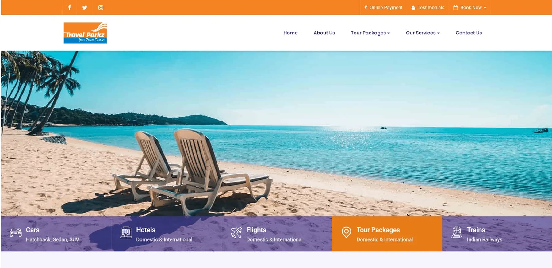 Travel Parkz website homepage design shown in a desktop browser