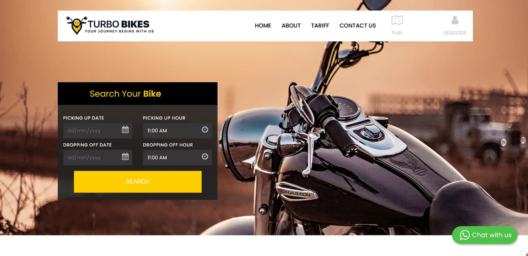 Turbo Bike Rental website homepage design shown in a desktop browser