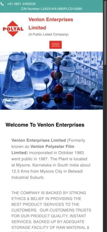 Venlon Enterprises Limited website shown at mobile viewport