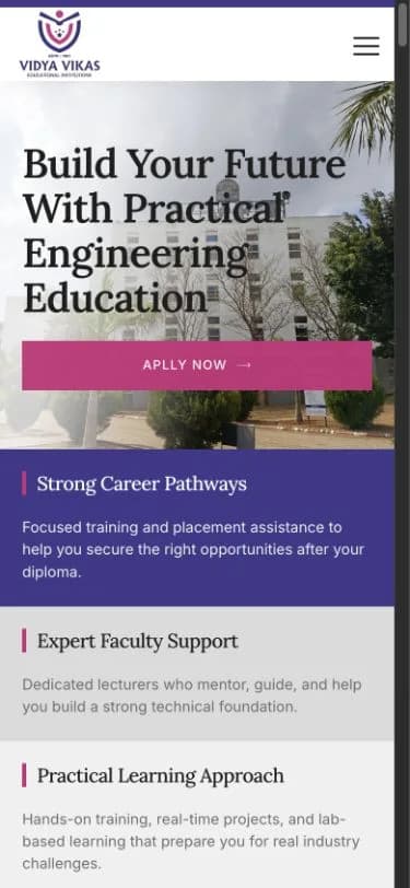 Vidya Vikas Polytechnic website shown at mobile viewport