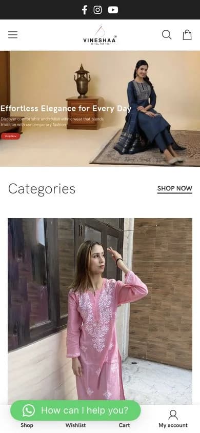 vineshaa website shown at mobile viewport