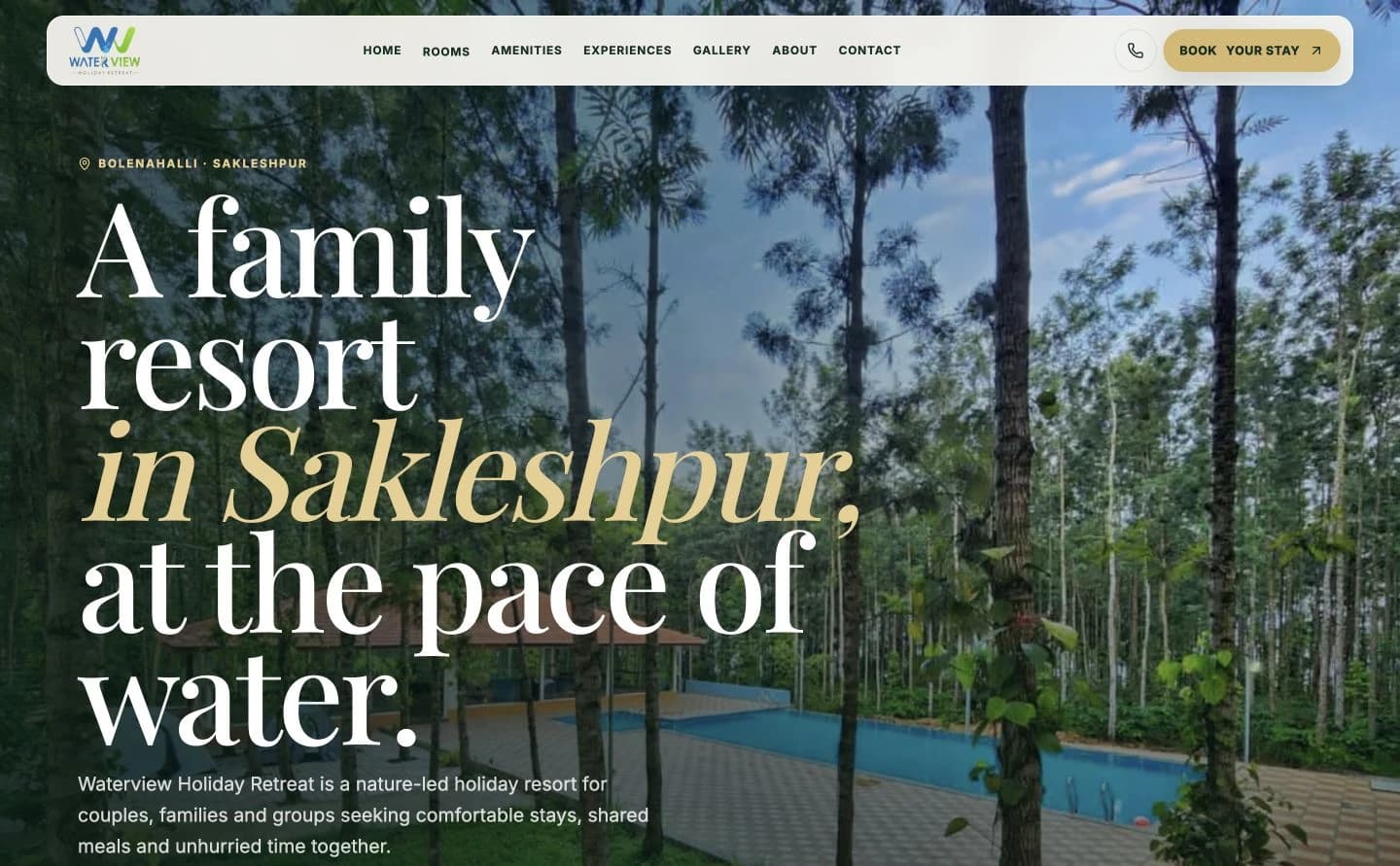 Waterview Holiday Retreat website homepage design shown in a desktop browser