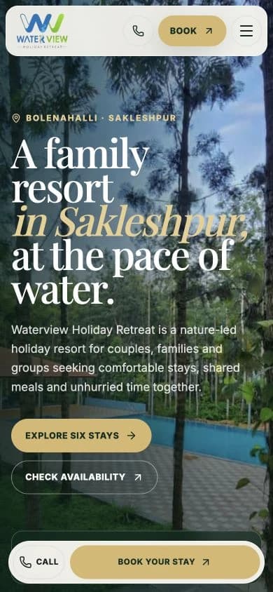 Waterview Holiday Retreat homepage at a 390 pixel mobile viewport