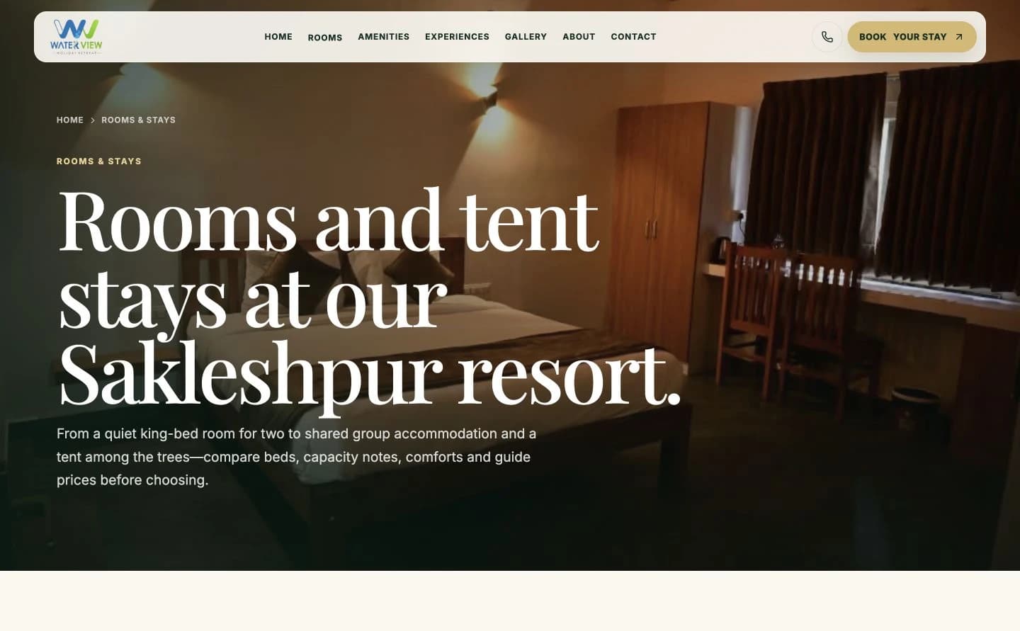 Waterview Holiday Retreat rooms and tent stays page shown in a desktop browser