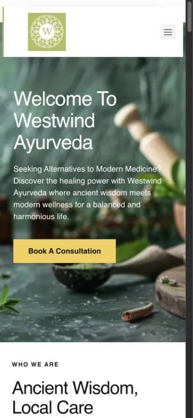 Westwind Ayurveda New Zealand website shown at mobile viewport