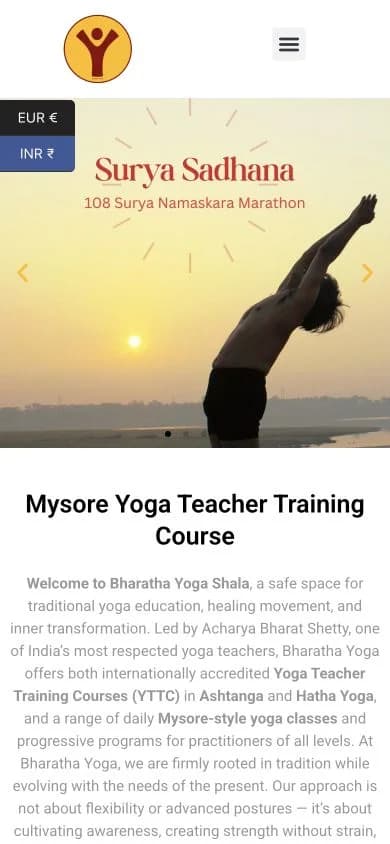 Yoga Bharata website shown at mobile viewport